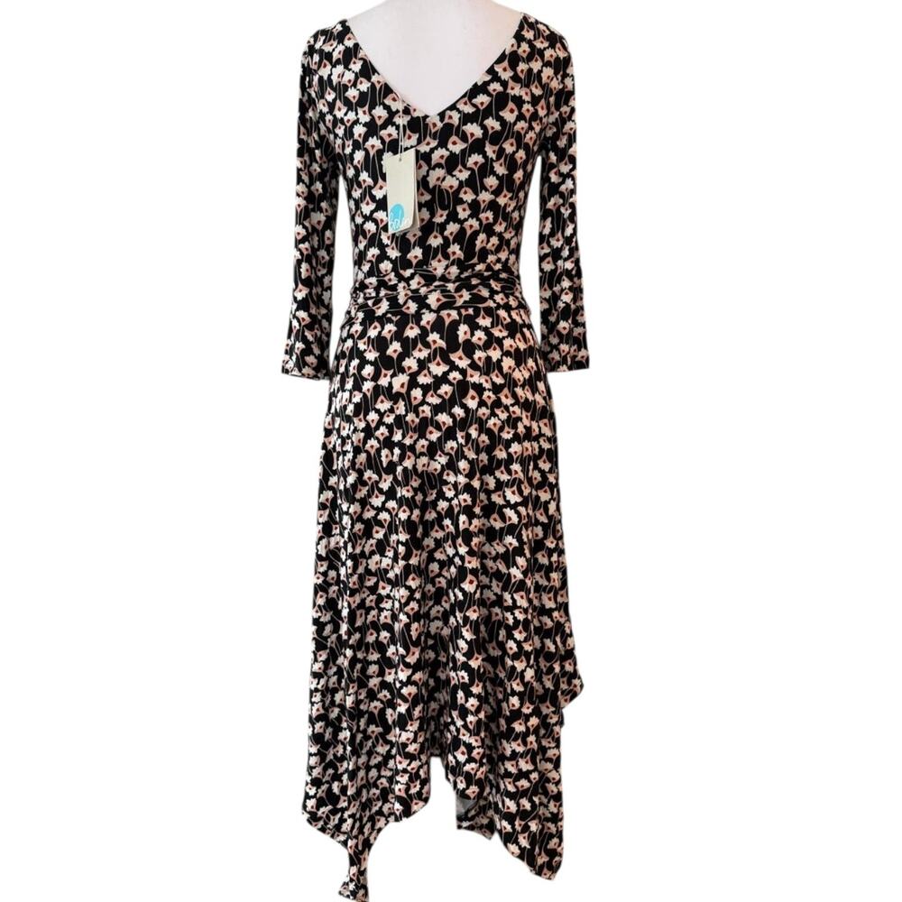 Boden Maisie Matte Jersey Midi Dress Black Floral Handkerchief Hem Ruched Size 8 - Picture 3 of 12